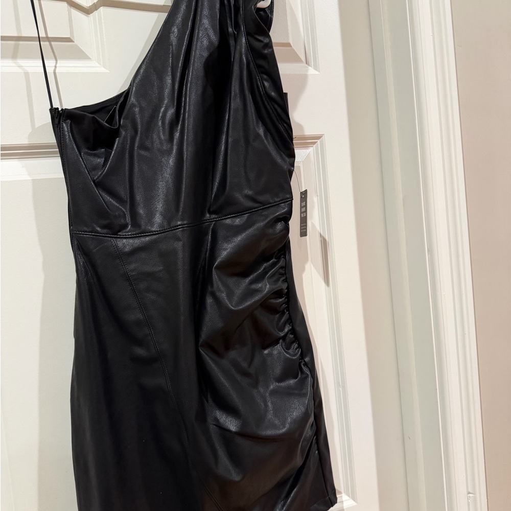 Black Faux Leather One-Shoulder Dress